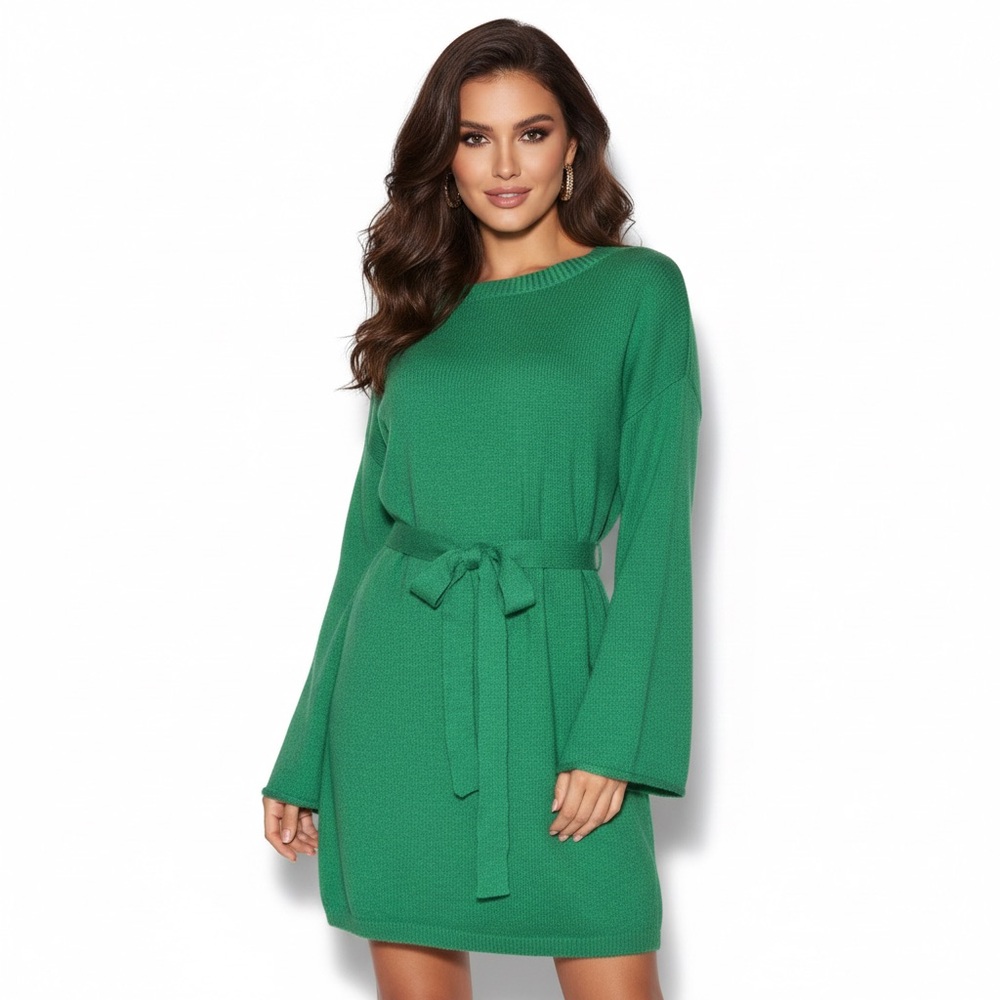 SHEIN Dress Green Knit Oversized Tie Belt Bell Sleeves Mini Women’s Size S